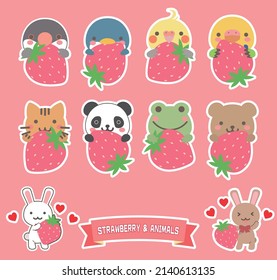 Set of illustrations of cute animals holding pink strawberries