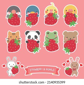 Set of illustrations of cute animals holding strawberries