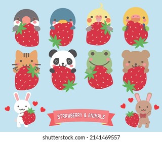 Set of illustrations of cute animals holding strawberries