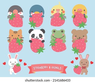 Set of illustrations of cute animals holding pink strawberries