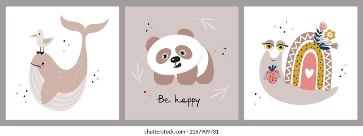 A set of illustrations with cute animals in pastel colors. Whale, panda and snail. Baby shower cards collection. Postcard, poster, children's room decoration, kids tee print.