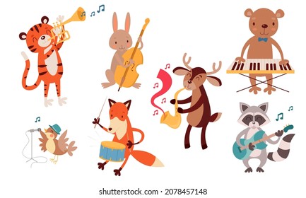 set of illustrations with cute animals playing various instruments in a jazz band. Tiger, hare, bear, fox, deer, raccoon and bird. Guitar, drums, trumpet, double bass, vocals, saxophone. Vector