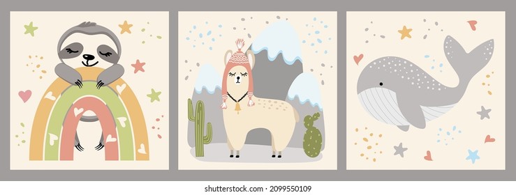 Set of illustrations with cute animals. Sloth on a rainbow, llama and whale on a vanilla background. Baby shower cards collection. For postcards, posters, children's room decoration and clothing.