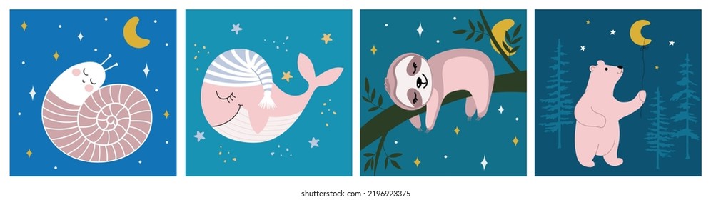 A set of illustrations with cute animals. Snail, whale, sloth and bear on the background of the night sky. Collection of illustrations for the decor of a children's bedroom. Postcard, poster, kids tee