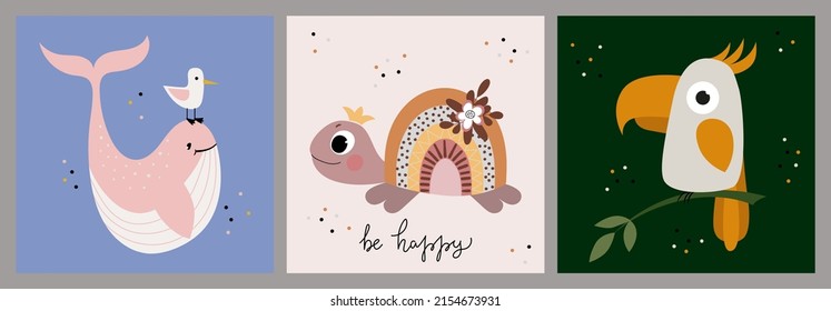 A set of illustrations with cute animals. Whale, turtle and parrot. Baby shower cards collection. Postcard, poster, children's room decoration, kids tee print.