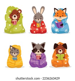 Set of illustrations with cute animals wrapped in blankets.