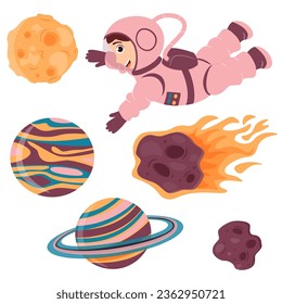 A set of illustrations with a cute astronaut, moon, meteorite and planets in cartoon style. Space travel. Vector illustration.