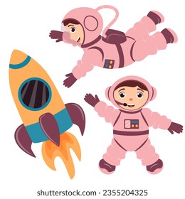 A set of illustrations with cute astronauts and a rocket in a cartoon style. Space travel. Vector illustration.