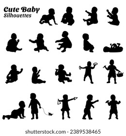 Set of illustrations of cute baby silhouettes