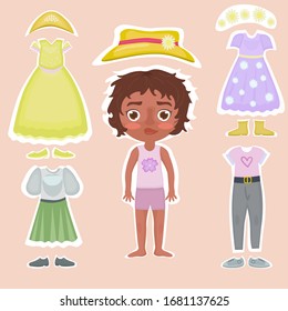 
Set of illustrations with a cute black girl with accessories. set of clothes, wardrobe: princess dress, casual wear, crown and flower wreath.
Cartoon paper doll or character.