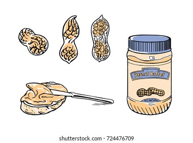 Set of illustrations with cute butter jar, peanuts and sandwich. Freehand ink hand drawn picture sketchy in art vintage scribble style pen on paper.
