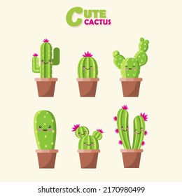 set of illustrations of cute cacti and succulents with funny faces in pots. can be used for cards, invitations or stickers
