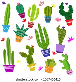 set of illustrations of cute cactus and succulents in pots and with plants. can be used for cards, invitations or like sticker