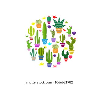 Set of illustrations of cute cactus and succulents in pots and with plants. can be used for cards, invitations or like sticker