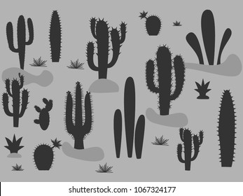 set of illustrations of cute cactus and succulents in pots and with plants on grey background