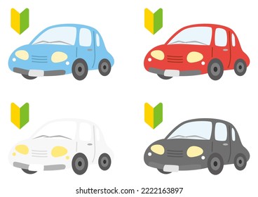 A set of illustrations of cute cars and beginner marks