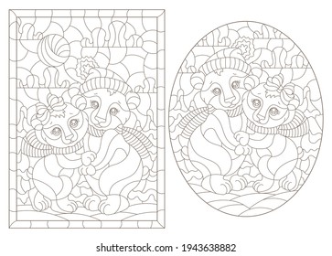 Set of illustrations with cute cartoon bears, dark outlines on a white background