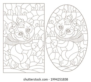 Set of illustrations with cute cartoon bears, dark outlines on a white background