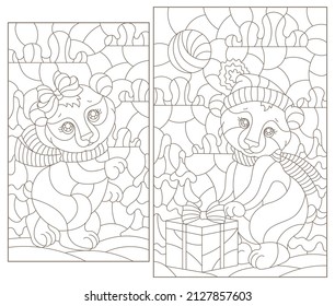 Conjunto de ilustraciones con osos tiernos de dibujos animados, líneas oscuras sobre un fondo blanco