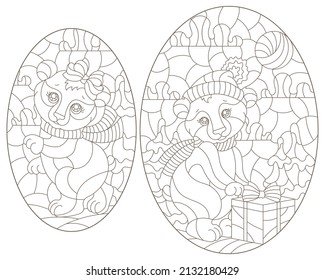 Set of illustrations with cute cartoon bears, dark outlines on a white background