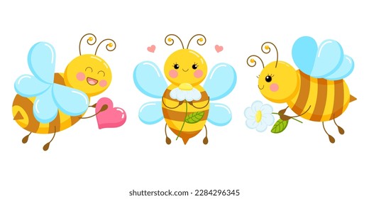 Set of illustrations of cute cartoon bees in love with daisies