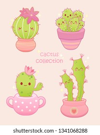 set illustrations of cute cartoon cactus with funny faces in pots. can be used for cards, invitations or like sticker