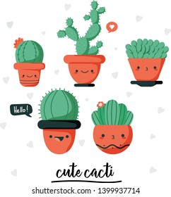set of illustrations of cute cartoon cactus and succulents with funny kawaii faces in pots and with plants. can be used for cards, invitations or like sticker. Plants are friends, cute cacti prints