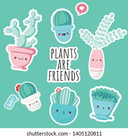 set of illustrations of cute cartoon cactus and succulents with funny kawaii faces in pots and with plants. can be used for cards, invitations or like sticker. Plants are friends, cute cacti prints