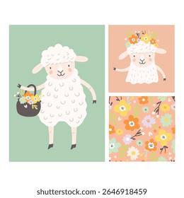 set of illustrations with cute cartoon sheep carrying basket with flowers and floral seamless pattern. vector flat style