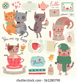 A set of illustrations with cute cats