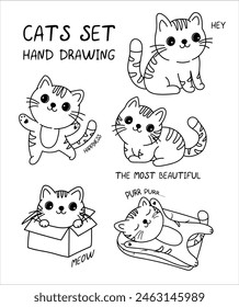 Set of illustrations of cute cats in doodle style, hand-drawn