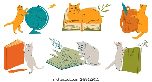 Set of illustrations of cute cats next to books, a globe and a backpack. Clever cat animal design in flat line style. Back to school. Flat illustration.