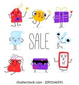 A set of illustrations with cute characters about discounts and sales. Funny emotional faces. A package with purchases, a gift box, a receipt, a coin, a bank card, a phone, a percentage, a price.