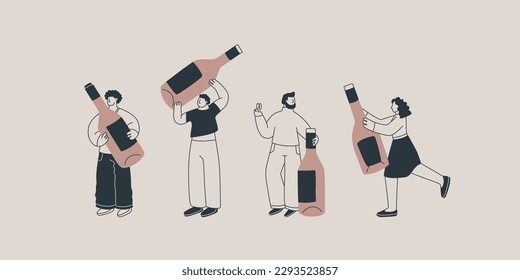 Conjunto de ilustraciones de personajes bonitos con botellas de vino gigantes. Hombres y mujeres sostienen botellas gigantes. Para el diseño de postales, afiches o invitaciones.