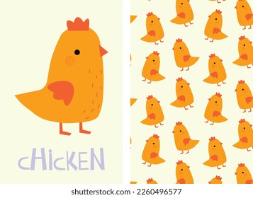 A set of illustrations with a cute chicken, a card with an inscription and a pattern