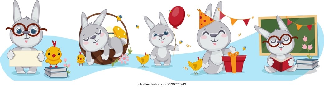 Un conjunto de ilustraciones con un lindo personaje infantil compartido. Ilustración infantil. Ilustración vectorial. Elemento decorativo. Estilo de dibujos animados.