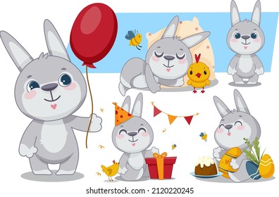 A set of illustrations with a cute children's character hare. Children's illustration. Vector illustration. Decorative element. Cute cartoon style.