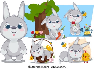 A set of illustrations with a cute children's character hare. Children's illustration. Vector illustration. Decorative element. Cute cartoon style.