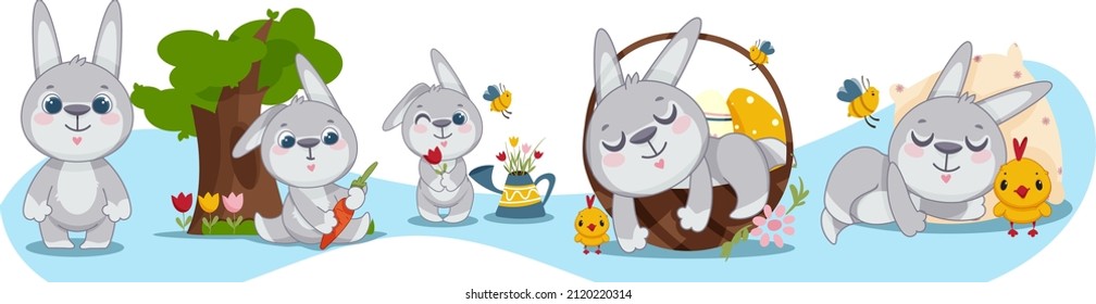 A set of illustrations with a cute children's character hare. Children's illustration. Vector illustration. Decorative element. Cute cartoon style.