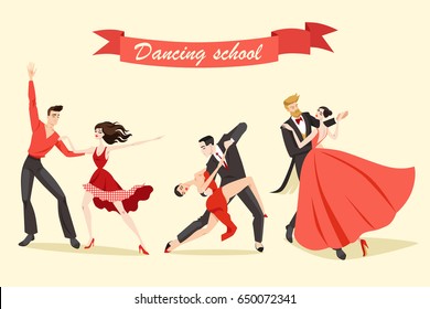 Set of illustrations of cute couples dancing ballroom and Latin dances