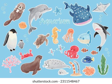 Set of illustrations of cute creatures in an aquarium, hand-drawn watercolor with white border