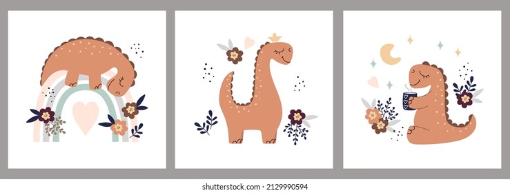 Set of illustrations with cute dinosaurs on a white background. baby shower cards collection. For postcard, poster, kids room decoration and clothes.