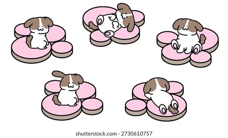 Um conjunto de ilustrações de um cachorro bonito relaxando em uma almofada de pata.
