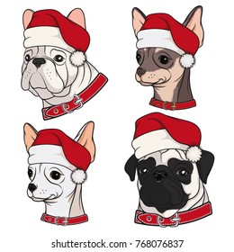 Set of illustrations with cute dogs in Christmas hats. Isolated vector colored objects on white background.