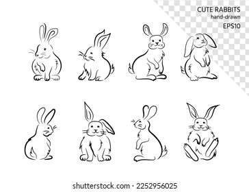 Set of illustrations of cute fluffy rabbits, hares. Bunnies in various poses. Hand-drawn black brush outline without color fill. Inventive artistic clip art made in simple lines, for prints