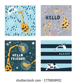 A set of illustrations of cute flying giraffes and written phrases in the space style. For printing on children's clothing, bedding, paper, and packaging. Drawn vector images