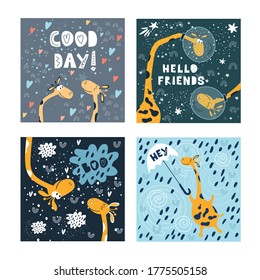 Un conjunto de ilustraciones de tiernas y frases escritas en el estilo espacial. Para imprimir en ropa de niño, ropa de cama, papel y embalaje. Imágenes vectoriales dibujadas
