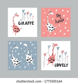 A set of illustrations of cute flying giraffes and written phrases. For printing on children's clothing, bed linen, paper, and packaging. Drawn vector images
