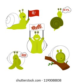 set of Illustrations of cute fun snails.Flat design. Isolated. Cartoon icon. As print, label, element of logo, card, button, message