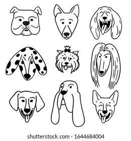 Set of illustrations cute funny dog faces in the doodle style black on a white background isolated for use as a sign, logo, print, for decoration of products and accessories for dogs